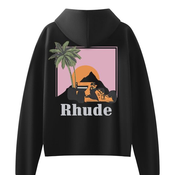 Rhude Black Racing Car & Palm Tree Graphic Print Hoodie - Picture 1 of 7